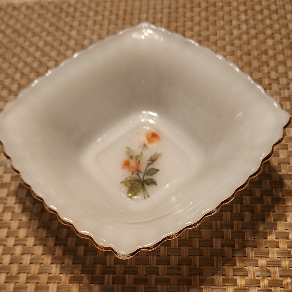 Elegant Milk Glass Handpainted Floral Square Bowl